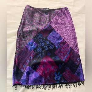 LunaChix patchwork satin skirt with black beaded fringe. Size medium.